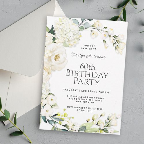 Cottage White Floral 60th Birthday Party Invitation