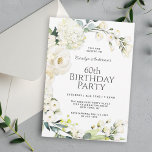 Cottage White Floral 60th Birthday Party Invitation<br><div class="desc">Celebrate her 60th birthday in lovely farmhouse cottage style with this chic white floral birthday party invitation. It features an open wreath of white hydrangeas, roses and mixed flowers with eucalyptus and other greenery. Personalize the text template with your event details. Since all of the text can be edited in...</div>