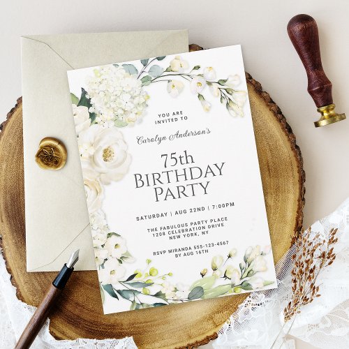 Cottage White Floral 75th Birthday Party Invitation