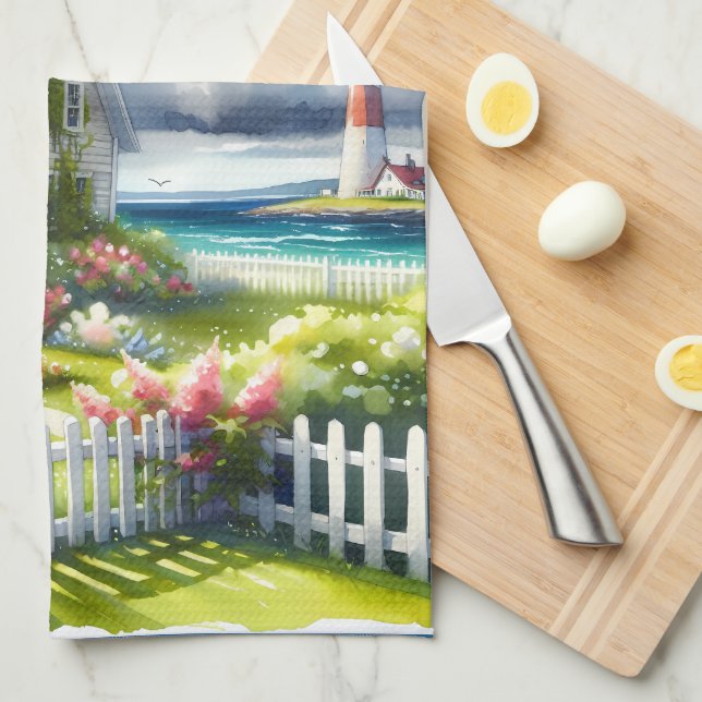 Cottage With View Of The Lighthouse Kitchen Towel (Quarter Fold)