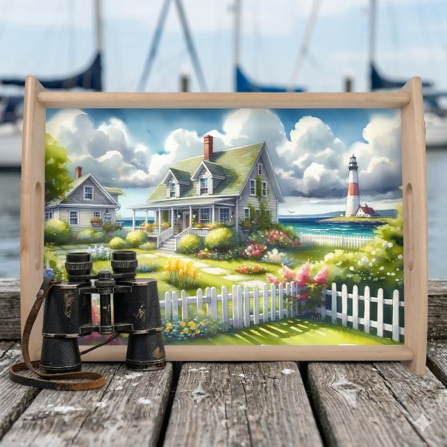 Cottage With View Of The Lighthouse Serving Tray (Cottage With View Of The Lighthouse Serving Tray On The Dock)