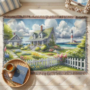 Cottage With View Of The Lighthouse Throw Blanket