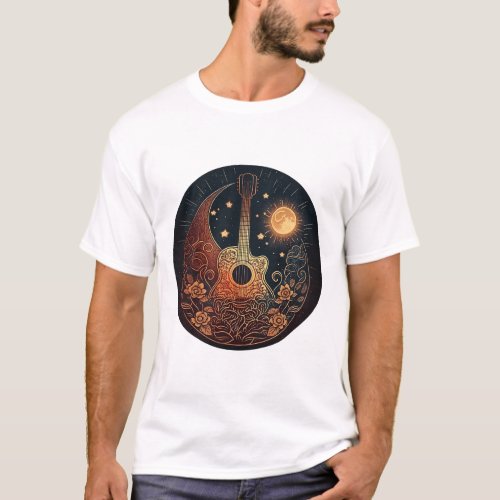 Cottagecore Acoustic Guitar Moon Stars Flower Flor T_Shirt