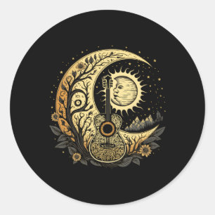 Cottagecore Acoustic Guitar With Moon Sun And Star Classic Round Sticker
