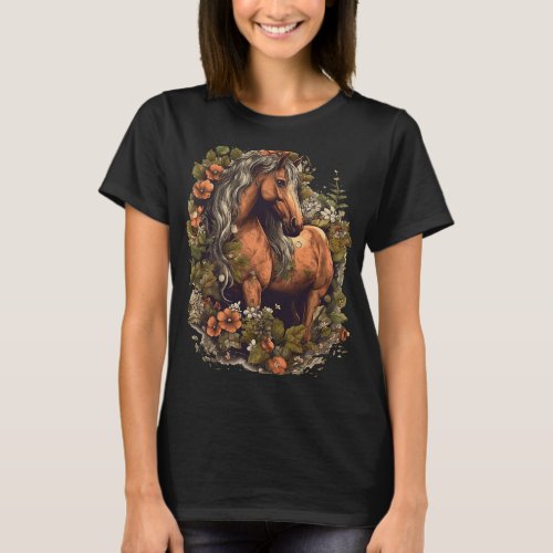 Cottagecore Aesthetic Floral Horse Graphic Girls W T_Shirt