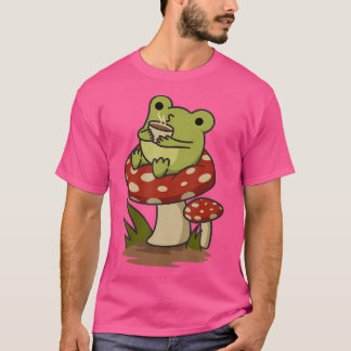 Cottagecore Aesthetic Frog Drinking Coffee Tea In T-Shirt
