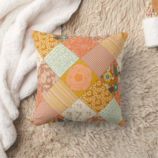 Cottagecore Autumn Floral Patchwork Quilt Pattern Throw Pillow