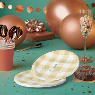 Cottagecore Baby Blue Plaid Birthday Paper Plates
