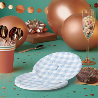 Cottagecore Baby Blue Plaid Birthday Paper Plates