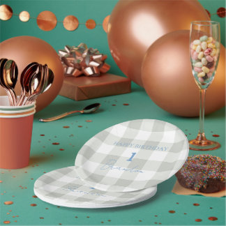 Cottagecore Baby Blue Plaid Birthday Paper Plates