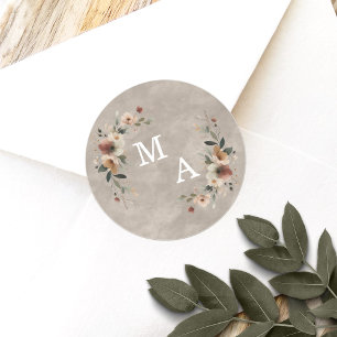 Cottagecore Beige Floral Wreath Wedding Monogram Classic Round Sticker