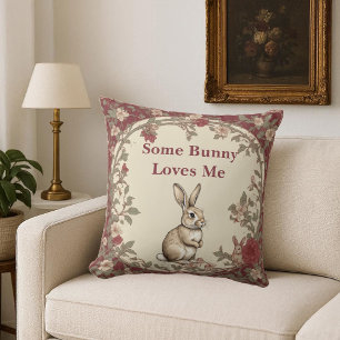 Cottagecore Beige Some Bunny Loves Me Vintage Chic Throw Pillow