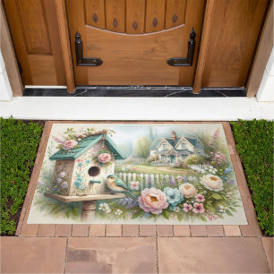 Cottagecore Birdhouse with Floral Garden Doormat