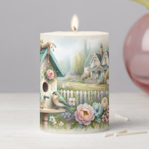 Cottagecore Birdhouse with Floral Garden Pillar Candle