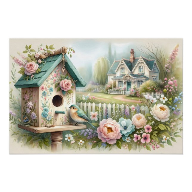 Cottagecore Birdhouse with Floral Garden Poster (Front)