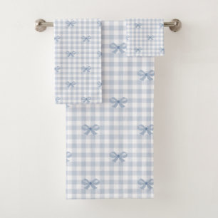 Cottagecore Blue Gingham and Bows Bathroom Bath Towel Set