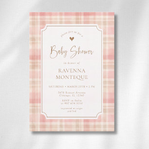 Cottagecore Blush Ivory Plaid Gold Baby Shower Invitation