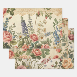 Cottagecore Botanical Lace Floral shabby chic Wrapping Paper Sheets