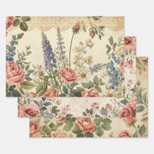 Cottagecore Botanical Lace Floral shabby chic Wrapping Paper Sheets