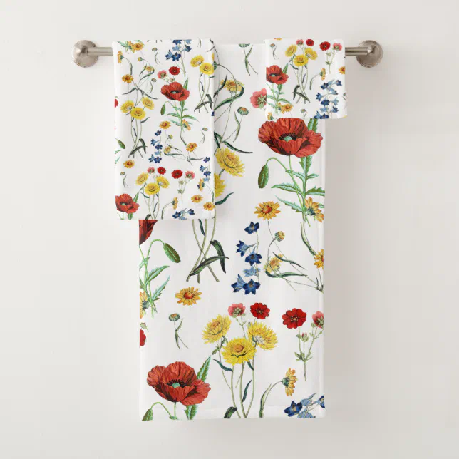 Cottagecore Botanical Poppy Daisy Floral Pattern Bath Towel Set | Zazzle