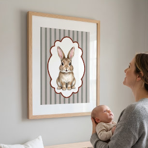 Cottagecore Bunny Vintage Ticking Stripe Nursery Poster