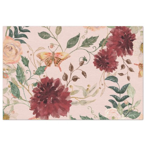 Cottagecore Burgundy Floral Butterfly  Decoupage Tissue Paper