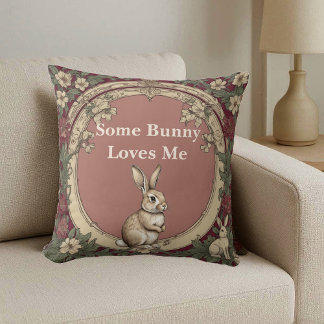 Cottagecore Burgundy Some Bunny Loves Me Vintage  Throw Pillow