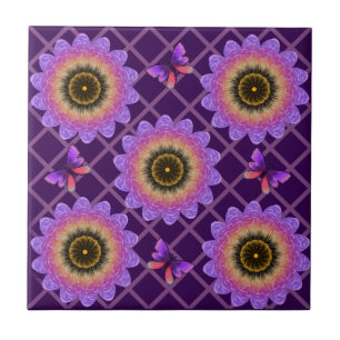 Cottagecore Butterfly & Flower Grid Pattern Ceramic Tile