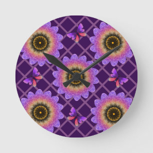 Cottagecore Butterfly & Flower Grid Pattern Round Clock