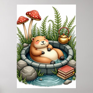 Cottagecore Capybara Hot Spring Mushroom Reading N Poster