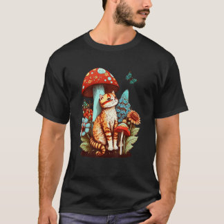 Cottagecore cat mushroom and colorful flowers cute T-Shirt