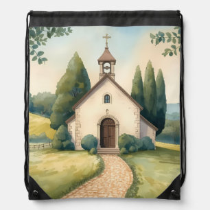 Cottagecore Chapel Path Pastel Landscape Drawstring Bag