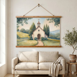 Cottagecore Chapel Path Pastel Landscape Hanging Tapestry