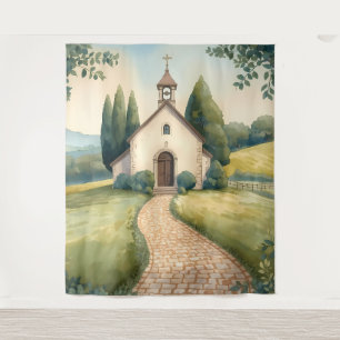 Cottagecore Chapel Path Pastel Landscape Tapestry