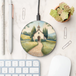 Cottagecore Chapel Path Pastel Landscape Wireless Charger