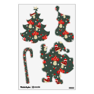 cottagecore christmas mushrooms daisies holly wall decal