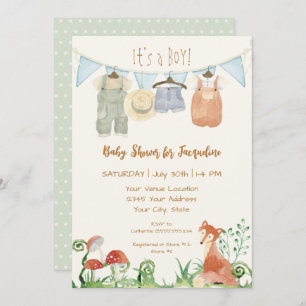 Cottagecore Clothesline Fox Mushrooms Baby Shower Invitation