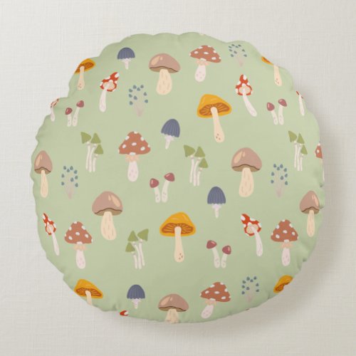 Cottagecore Colorful Mushrooms Pattern Round Pillow
