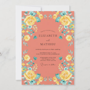 Cottagecore Coral Yellow Rose Wedding Invitation