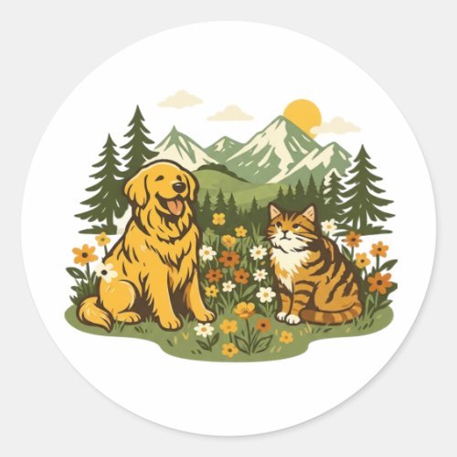 Cottagecore Dog and Cat Best Friends Wildflower Classic Round Sticker