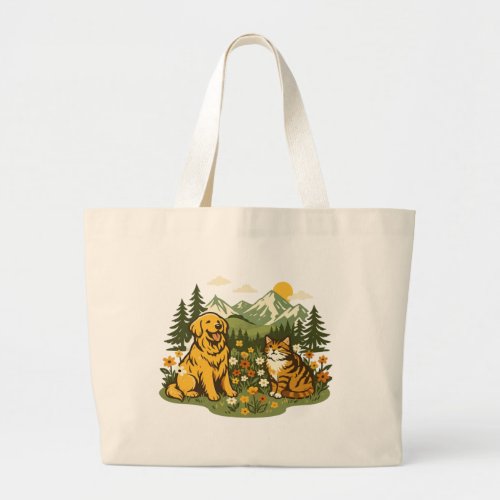 Cottagecore Dog and Cat Best Friends Wildflower Large Tote Bag