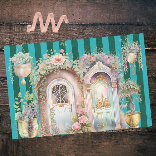 Cottagecore Doorways and Flowers on Green Stripes Tissue Paper