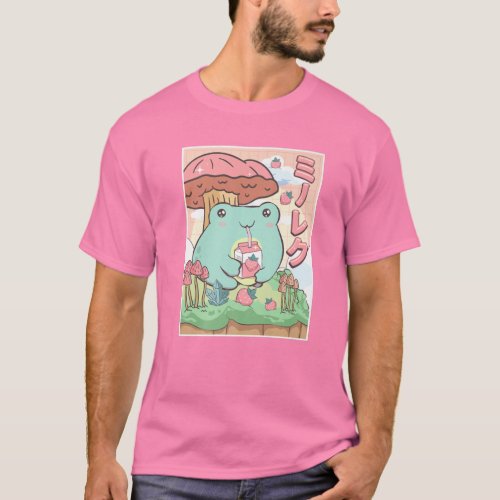 Cottagecore Esthetic Kawaii Frog Strawberry Milk T_Shirt