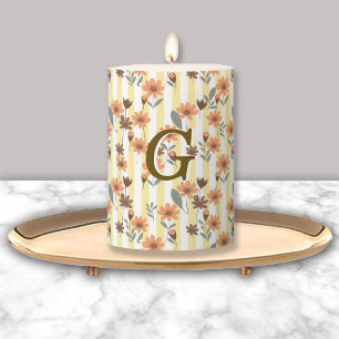 Cottagecore Fall Floral Stripes Custom Monogram Pillar Candle