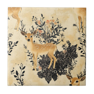Cottagecore Fawn Floral Pattern Ceramic Tile