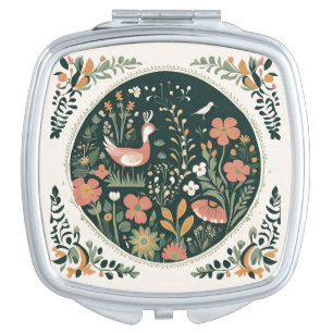 Cottagecore Floral Bird Wreath Art Compact Mirror
