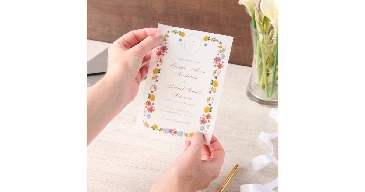 Cottagecore Floral Border Wedding Vellum Overlay Invitations | Zazzle