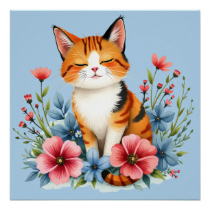 Cottagecore Floral Cat Serene Feline Botanical Poster