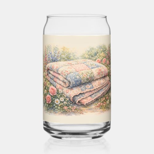 Cottagecore Floral Patchwork Quilt Watercolor Can Glass