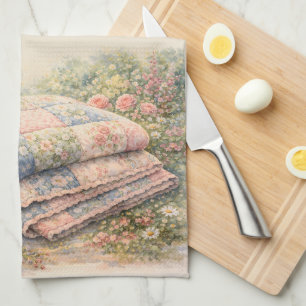 Cottagecore Floral Patchwork Quilt Watercolor Kitchen Towel
